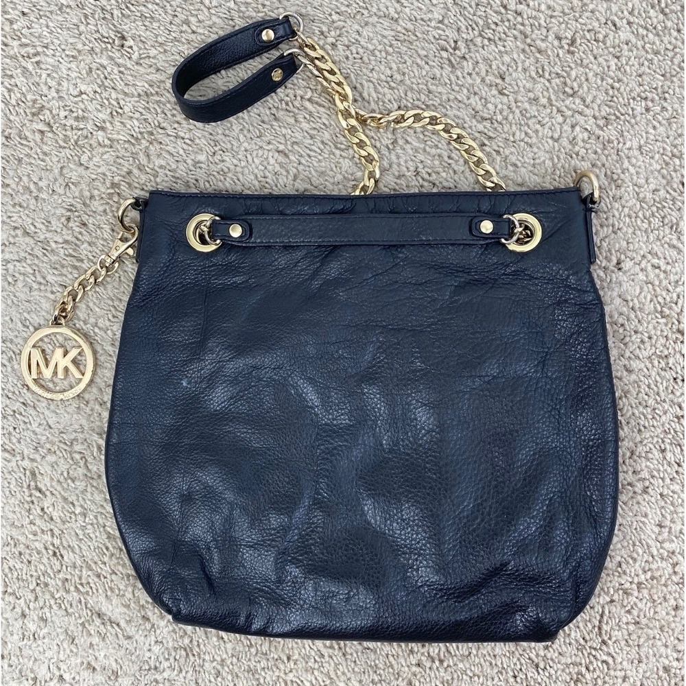 Michael Kors Shoulder Bag Black Leather Slouchy Chain MK Charm Gold Tone Purse - Picture 2 of 12